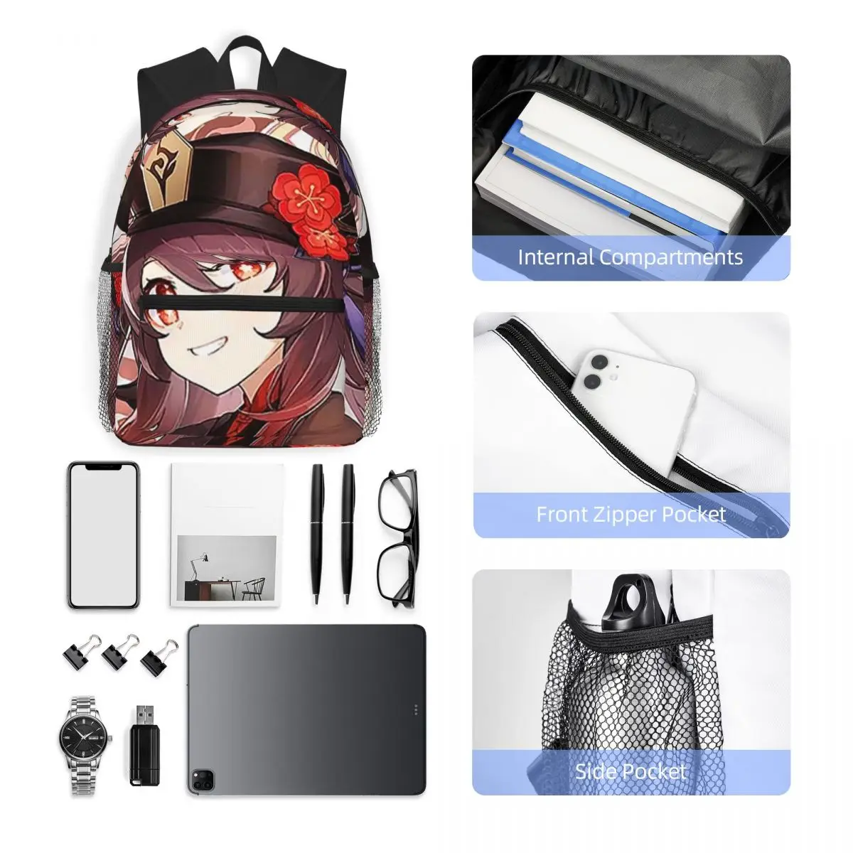 Genshin Impact Ransel Pelajar Tas Sekolah Tas Travel Hiking untuk Pria Wanita Tas Buku Fashion Tas Bahu