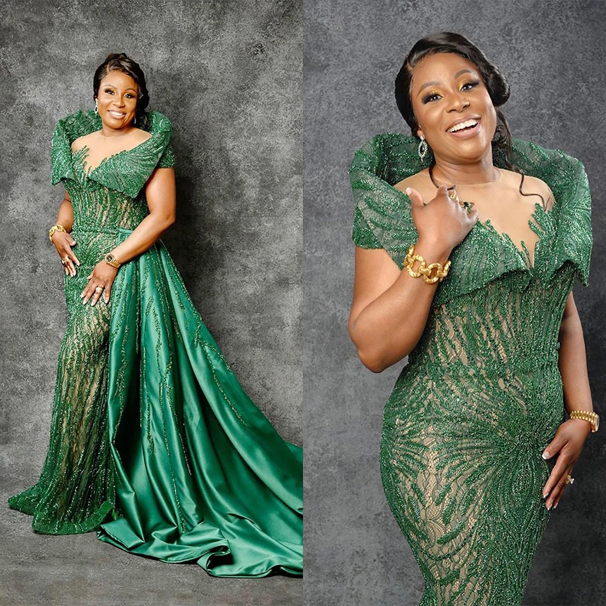 

Emerald Green Mother of the Bride Dresses with Overskrits Sheer Neck Lace Sequined Ladies Formal Evening Gowns Custom Made