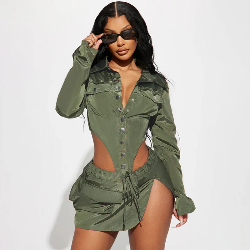 BIIKPIIK Cargo Casual Two Piece Sets Turn Down Collar Button Bodysuits + Slits Pockets Elastic Mini Skirts Suits Streetwear Sets