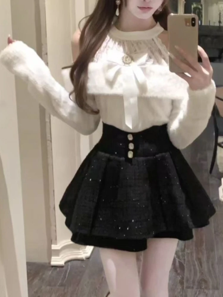 

Французские милые элегантные повседневные комплекты из 2 предметов, женские вязаные топы Y2k + мини-юбка, японская мода, винтажные наряды для вечеринок, новинка