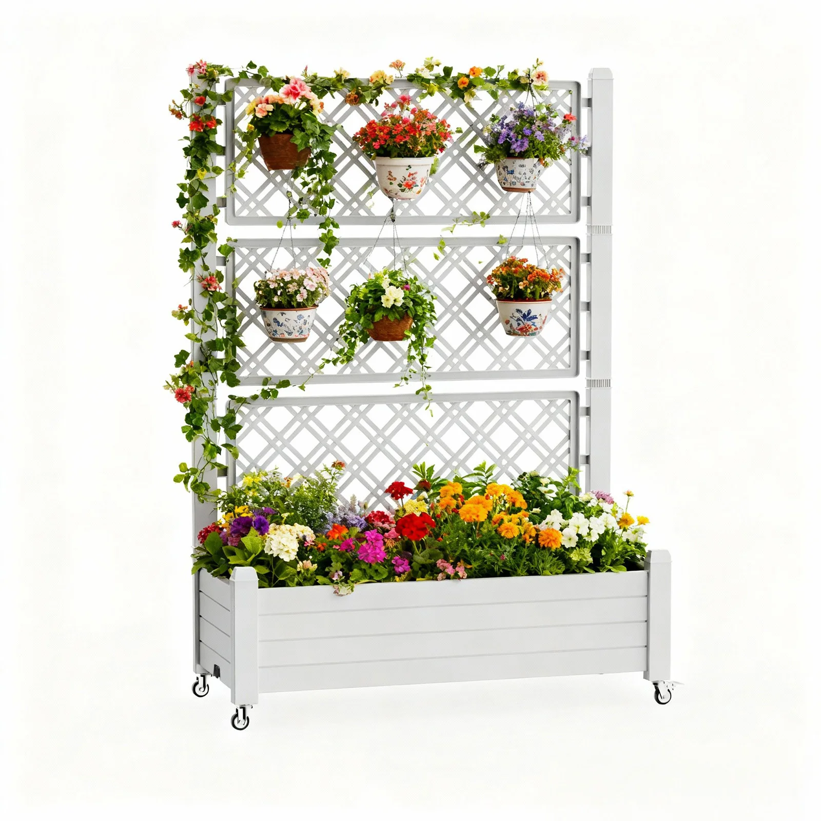 Three-Tier Mesh Planting Tray with Casters for Climbing Plants, Self-Draining with Water Level Indicator, Home Garden and Balcon