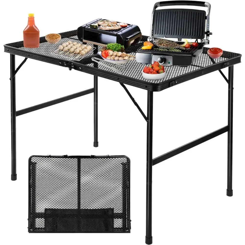 Patiio Table, Folding Grill Table with Mesh Desktop, Lightweight 3 FT Metal Table with Height Adjustable Portable, Camping Table