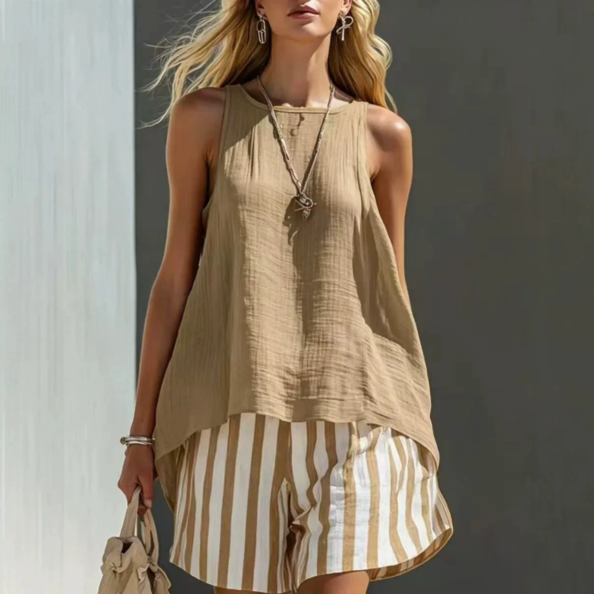Women's Casual Linen Blend 2 Piece Set Sleeveless Tank Top & Striped Shorts Summer Vacation Outfit Ensemble Femme 2 Pièces