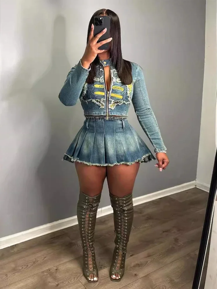 XIZOU Two Piece Denim Skirt Sets Long Sleeve Embroidered Tops and Pleated Mini Skirt Suits Female Streetwear Matching Set 2024