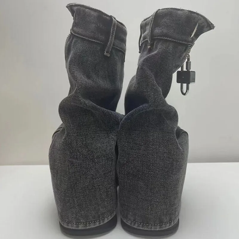 Super High Heel Ankle Boots For Women Denim Metal Decoration Thick Bottom Side Zipper Female Shoes Fashion Runway Outdoor Shoes