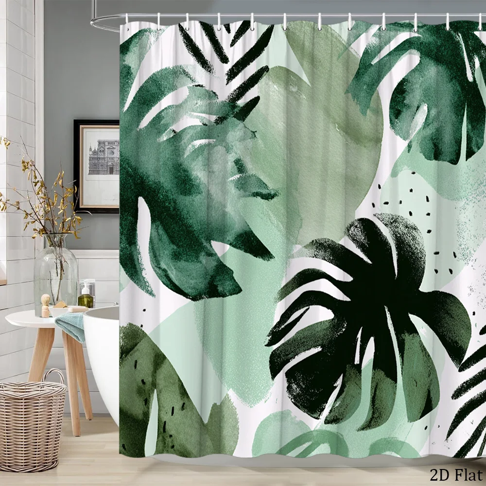Green Monstera Leaf Shower Curtain 1pc with 12 Hooks for Bathroom Home Decor Polyester 2D Flat Print 70.8x70.8 Inch