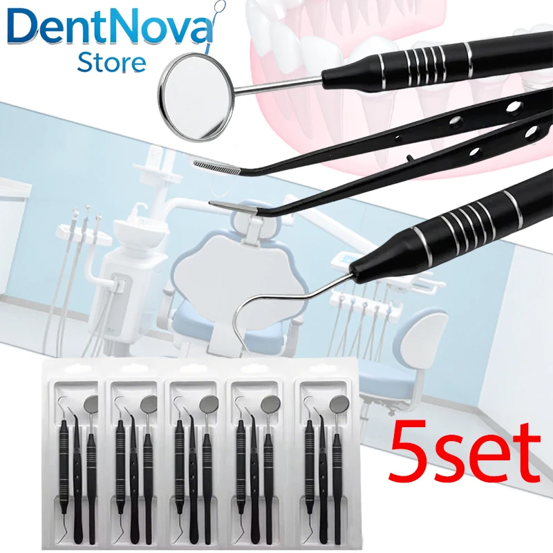 

5set Dental Kit Stainless Steel Oral Exam Set for Dentist Professional Hygiene Mirror Probe Tweezers