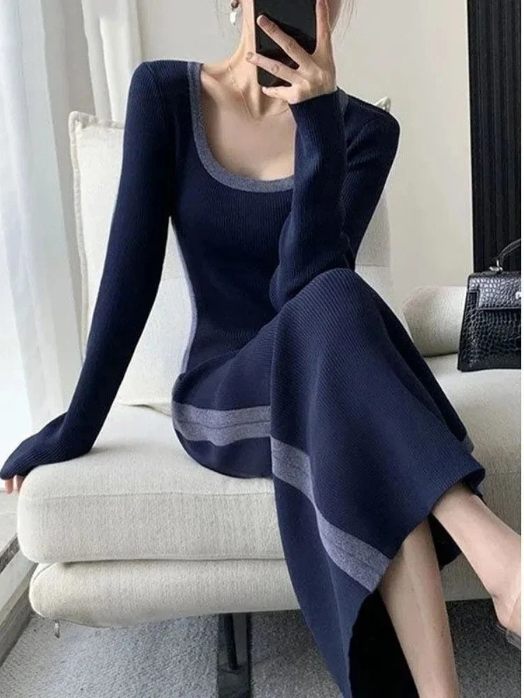 Sukienka maxi z dzianiny z dekoltem w kształcie litery U, patchworkowa, tunika damska, sukienka vintage, obcisła sukienka koreańska, Vestidos De Mujer 2025