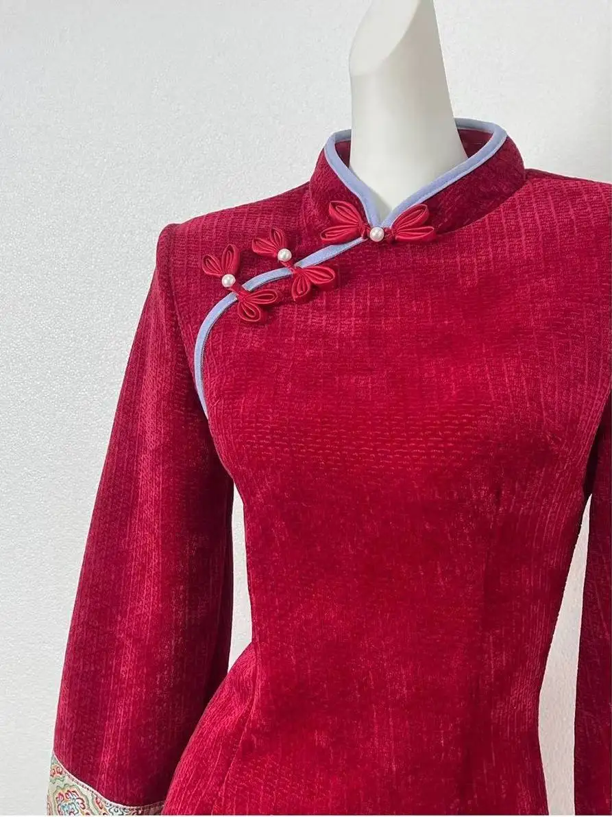 

Red New Chinese Sle Long Sve Wedding Dr Ele Autumn Winter High Ne Gown Perfect for Engagement And Mar...