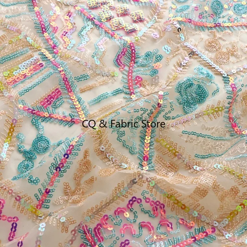 Soft Yarn Colorful Sequins Geometric Embroidery Mesh Lace Fabric For Dress Clothing Cheongsam Designer Fabric