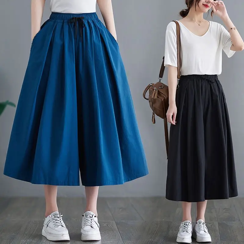 Ladies Prairie Chic Oversized Cotton Flax Wide Leg Pants Women's Summer Simplicity High Waist Casual Loose Calf-Length Pants