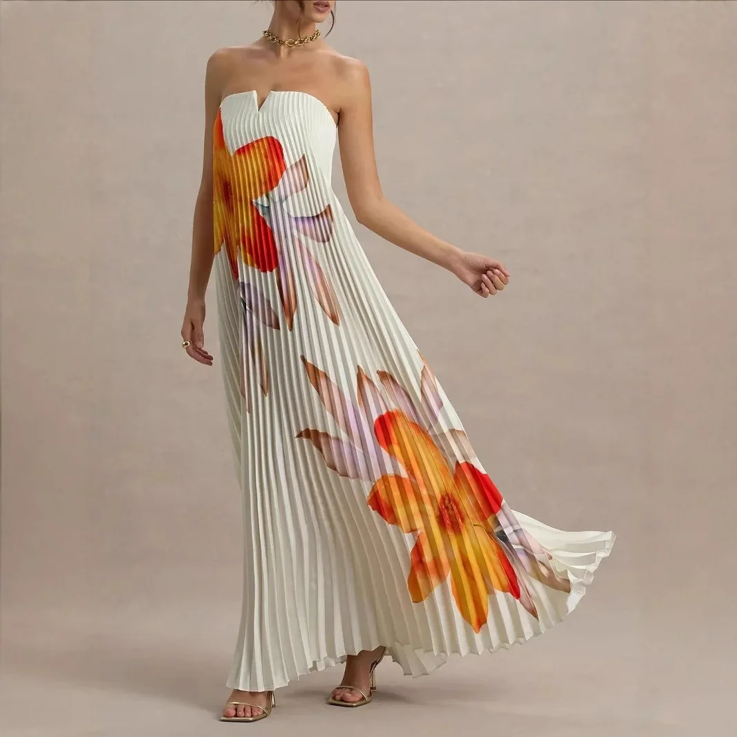 Female Clothing Women's Dress Printed Tube Top Loose Heavy-duty Pleated Sleeveless Long Dress For Women Elegant Long Party Dress