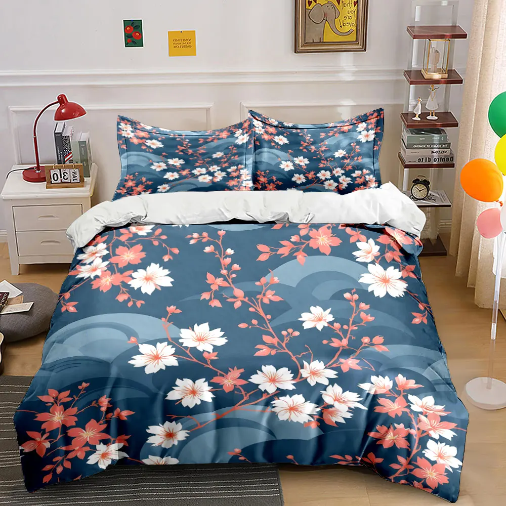 Sakura Decor with Blue Cloud Background Pattern Duvet Cover Set Digital Print Colorful Polyester Bedding with Zipper Closur