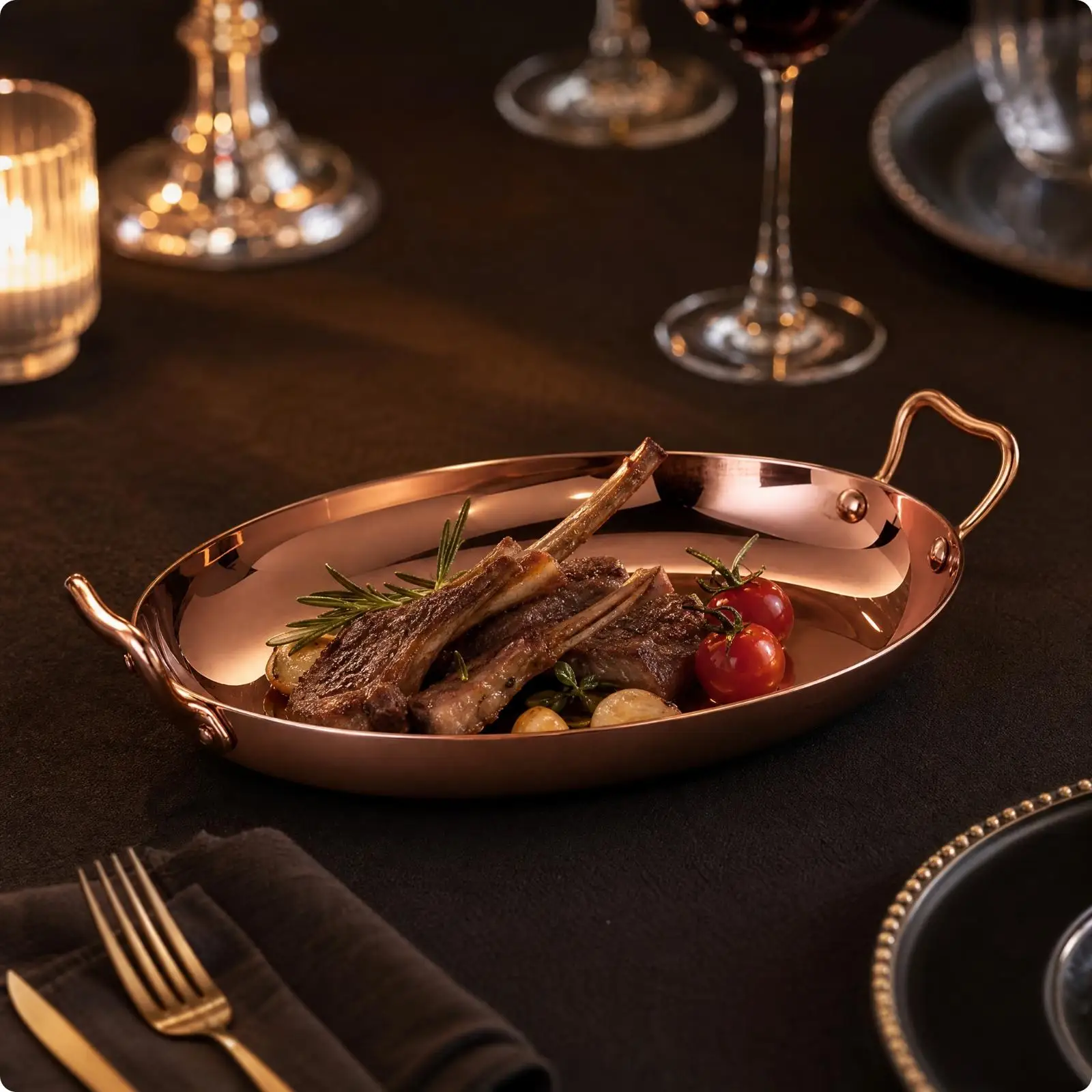 Handled Oval Serving Dish Stainless Steel Mirror Polish Rose Gold for Buffet Party Food Display and Sharing