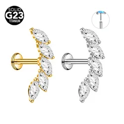 ASTM F136 G23 Titanium Flower Petals Threadless Labret Piercing CZ Pin Push in Lip Stud Conch Daith Earring 16G 18G 20G