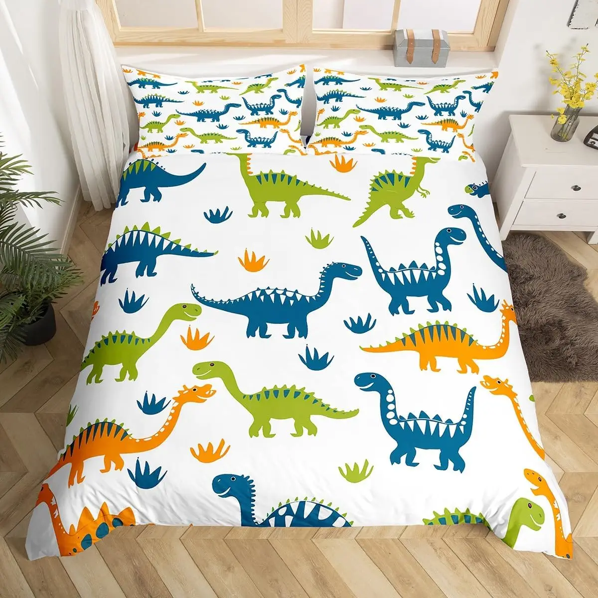 Kawaii Dinosaur Duvet Cover Set Twin Queen Size Cartoon Dino Bedding Set For Boys Girls Room Decor,Wild Animal Comforter Cover