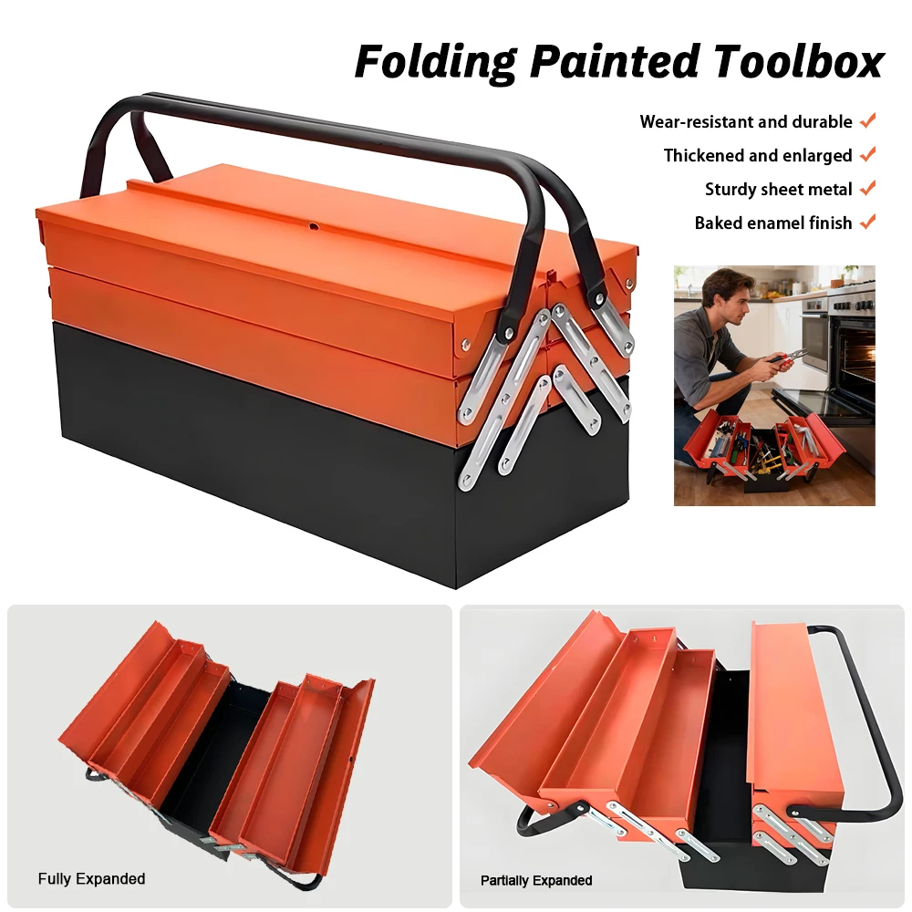 Foldable Metal Toolbox Folding Iron Tool Box Durable Collapsible Organizer Handheld Storage Box for Home Hand Tools Screws Nails