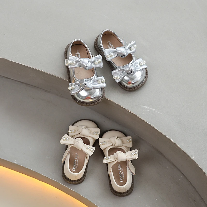 

2025 New Kids Causal Shoes for Girls Fashion Bowknot Children Leather Shoes Sweet Versatile Princess Toddlers Wedding Flat Shoes