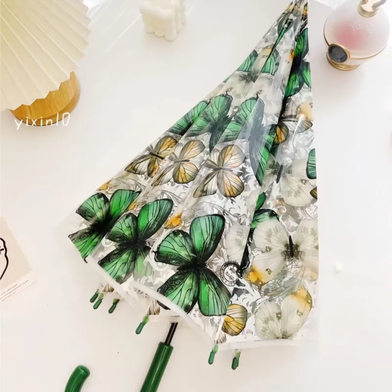 Retro Cute Transparent Umbrella Female Butterfly-Pattern Printed Long Handle Umbrella Simple Outdoor Decorative Umbrella LH290