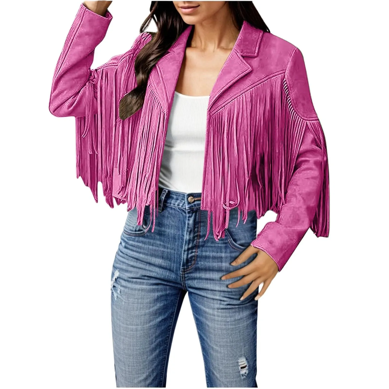 Women Y2k Fringed Hem Tassel Cardigan Crop Tops E-girl Motor Biker Jacket Suede Leather Jacket 90s Vintage Streetwear Coat Cool