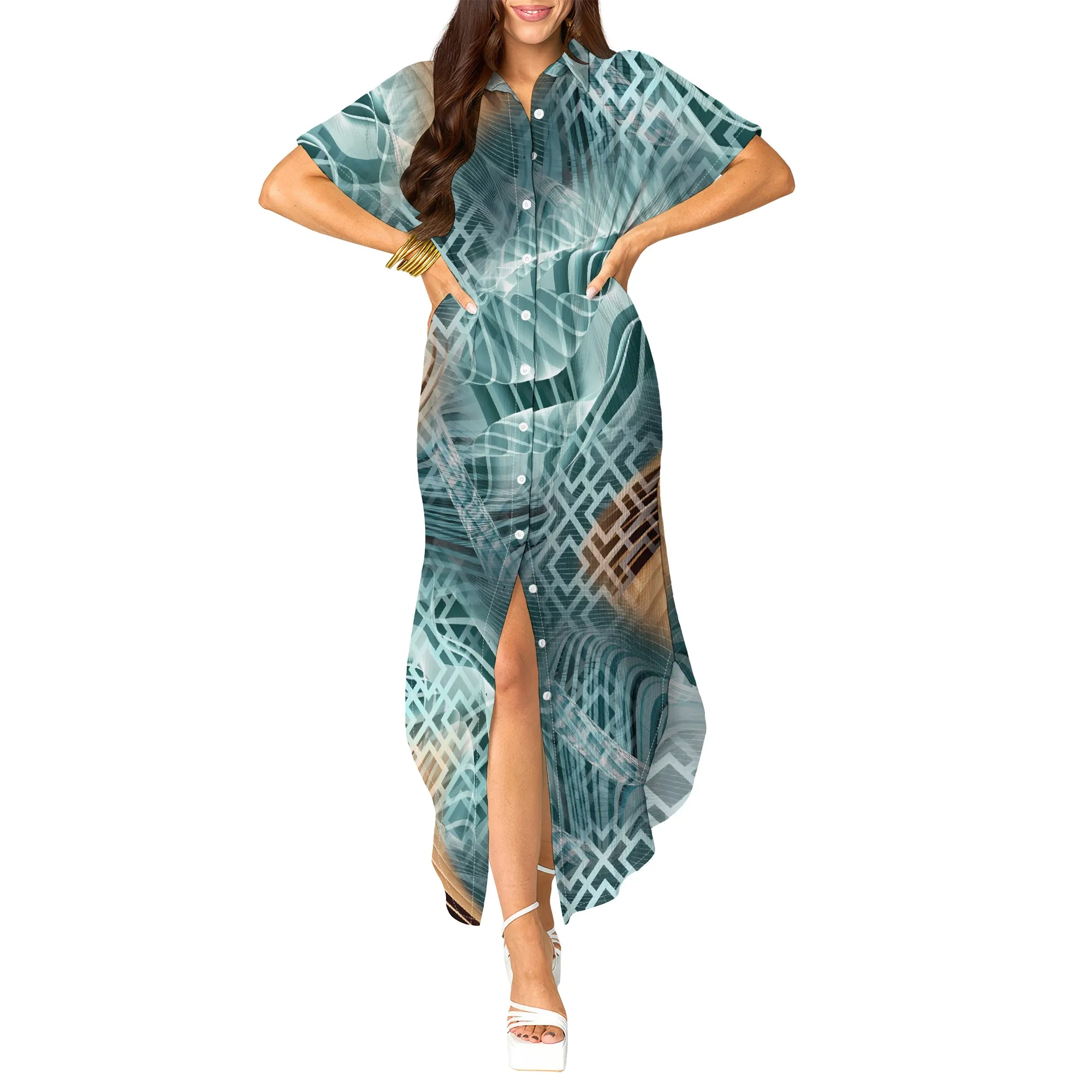 فستان قميص Nupusa بطبعة الفهد للنساء مقاس عادي صيفي كاجوال بياقة قميص وأكمام قصيرة