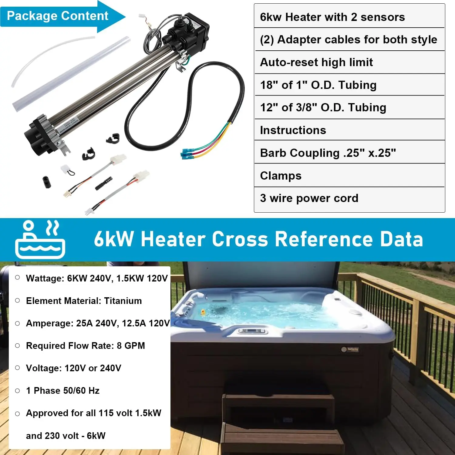 TML 26-C3160-1S Low-Flow Titanium Heater with Sensors 6.0KW for Hot Spring/Watkins/Tiger River/Limelight Hot Tub Spa 6kw 240v