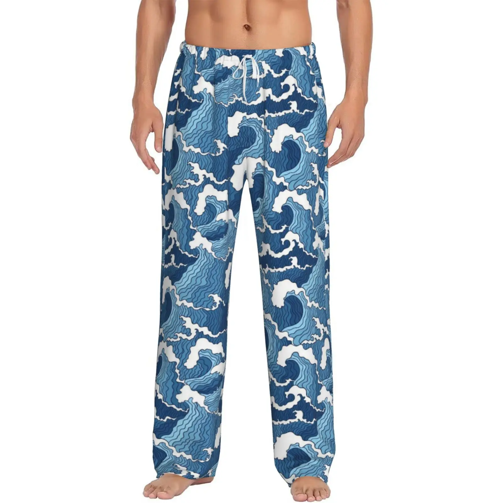 

Japanese Wave Texture Printed Men's Sleeping Pants with High-quality Harajuku Style Sleeping Pants with Pockets for Home Use