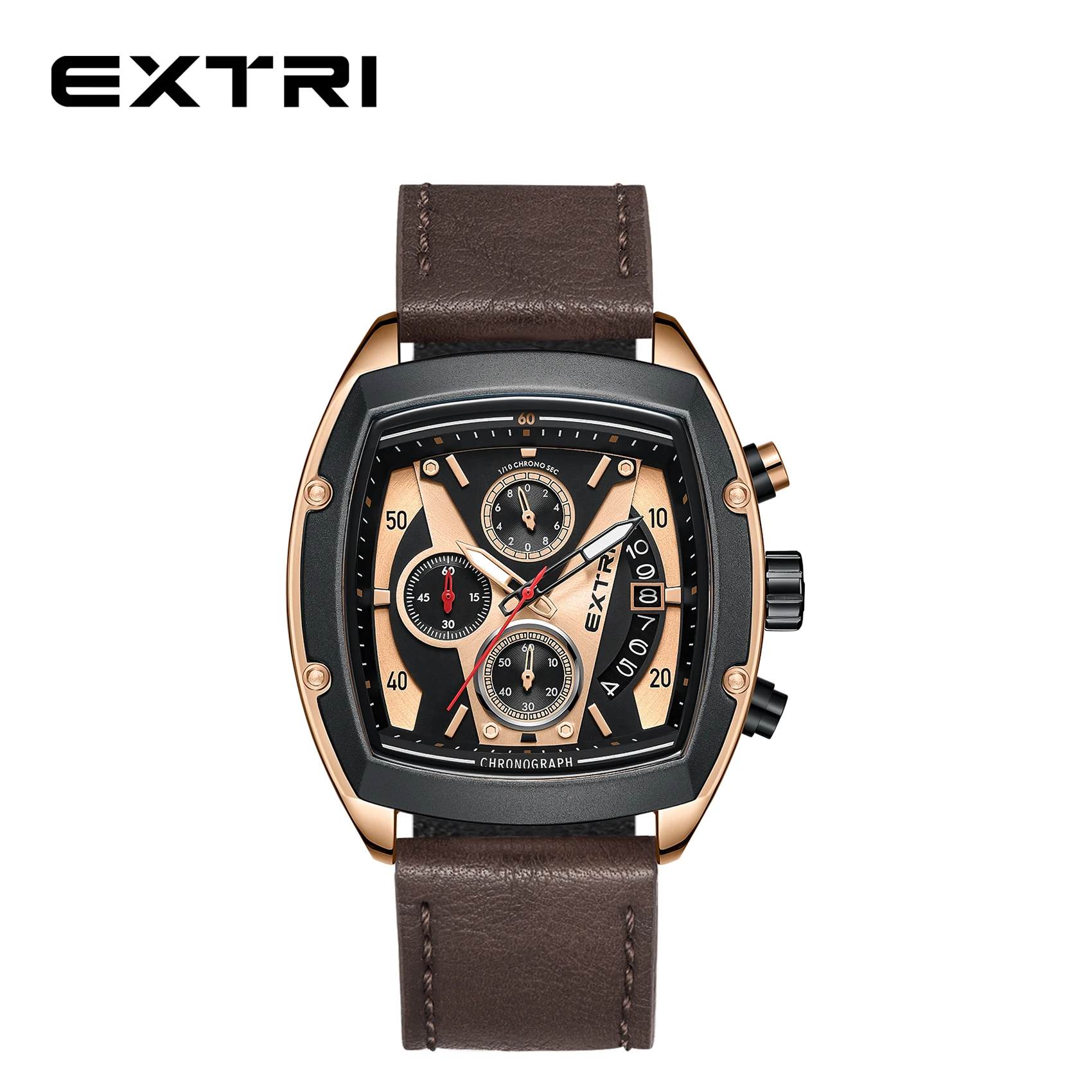 

Extri Luxury Gifts Rose Gold Brown Leather Classic Men Wristwatches New Chronograph Water Resistant Relojes Masculinos