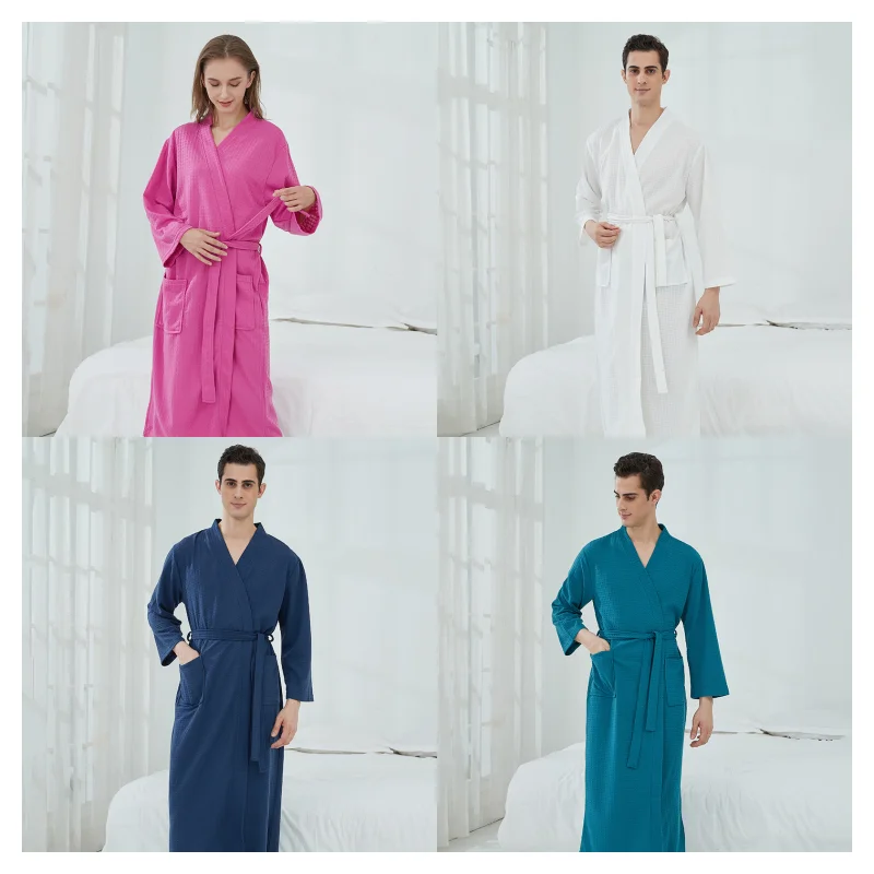 Couples Spring Autumn Waffle Bathrobe Pajamas For Women And Men With Waistband Pockets Nightrobe Long Sleeve V-Neck Solid Loose