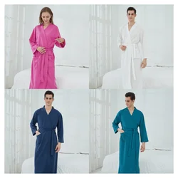 Couples Spring Autumn Waffle Bathrobe Pajamas For Women And Men With Waistband Pockets Nightrobe Long Sleeve V-Neck Solid Loose