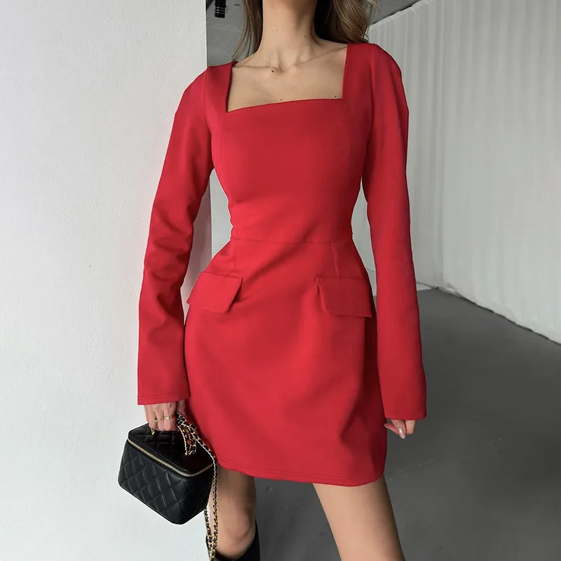 

TARUXY Fashion Square Collar Back Bandage Dress Female Loose Long Sleeve Mini Dress Two Pocket Splice Elegant Office Woman Dress