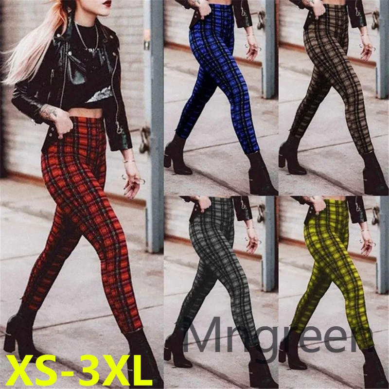 

2025 new ebay plaid high-waisted leggings women's casual pants, stretch pants pencil pants