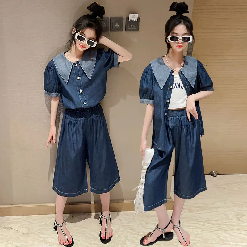 

Girls Summer Suit 2023 New Children Short Sleeve Shirt + Shorts Teenager Clothing Sets Kids Denim Outfits for 4 6 7 8 10 12 14 Y