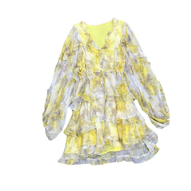 

Summer Yellow Print Beach Holiday Women Dress Deep V Collar Long Sleeves Dresses For Womens 51806