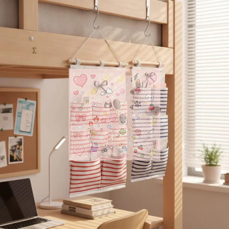 Hanging Cotton Linen Storage Organizer With Multi Pockets Striped Design For Storing Cosmetics Keys Stationery