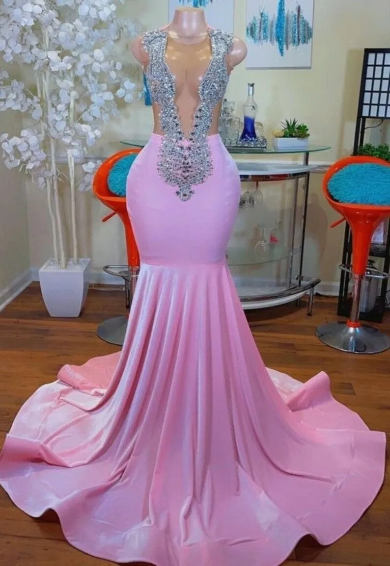 Pink Women Long Black Girls Prom Dresses Sexy Sheer Top Luxury Diamond Mermaid Prom Gowns Evening Gala Party