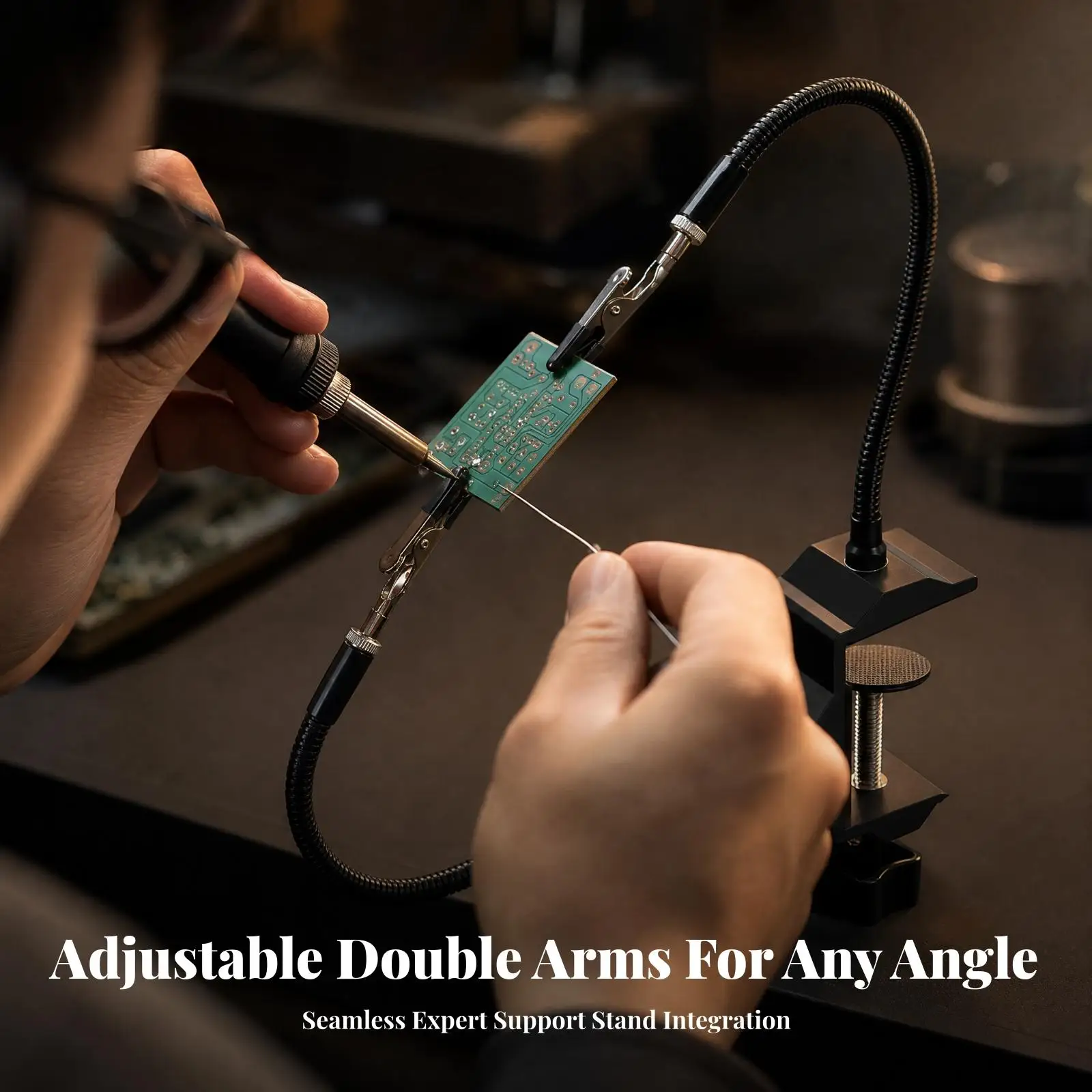 Silver Soldering Holder with Flexible Positioning Arms for Circuit Board Assembly Work