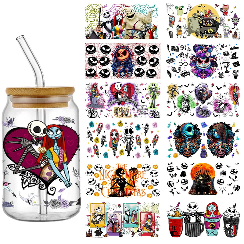 Autocollants de transfert de tasse UV DTF, pour verre, Jack et Sally, décalcomanies de transfert pour tasses en verre de 16OZ, meubles, artisanat en bois