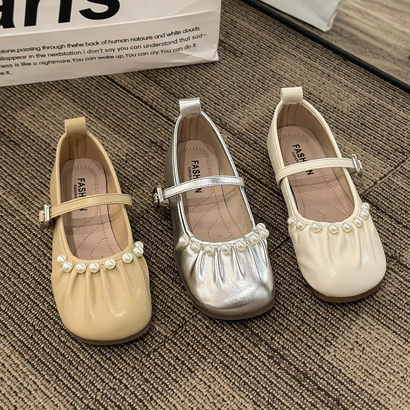 2024 Autumn Women's Flat Shoes Fashionable Pleated Round Toe Shallow Mouth Slip-on Pearl Ballet Shoes Flat Heel Mary Jane Shoes