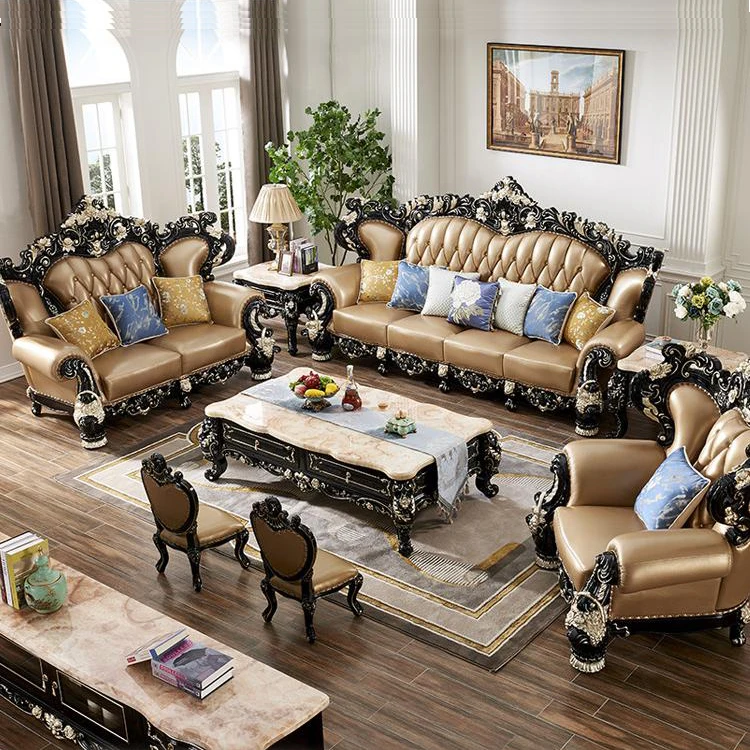 ProCARE European Top Layer Cowhide Real Leather Sofa Double-Sided Carved Solid Wood Sofa Set Furniture Living Room