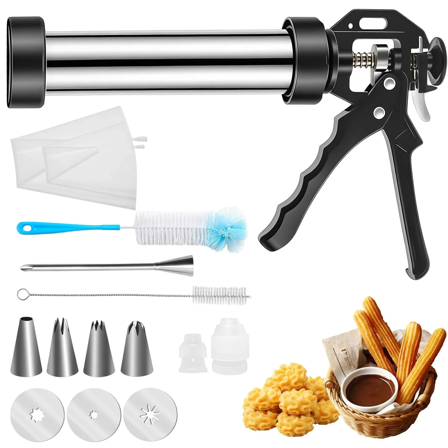 Churro-Maschine, Churro-Maker-Sets inklusive Edelstahl-Churro-Maker, Spritzbeutel mit Churro-Spritzdüse, 4 Düsen, 2 Bürsten, 3 Scheiben für selbstgemachte Churros in verschiedenen Formen, Kekse