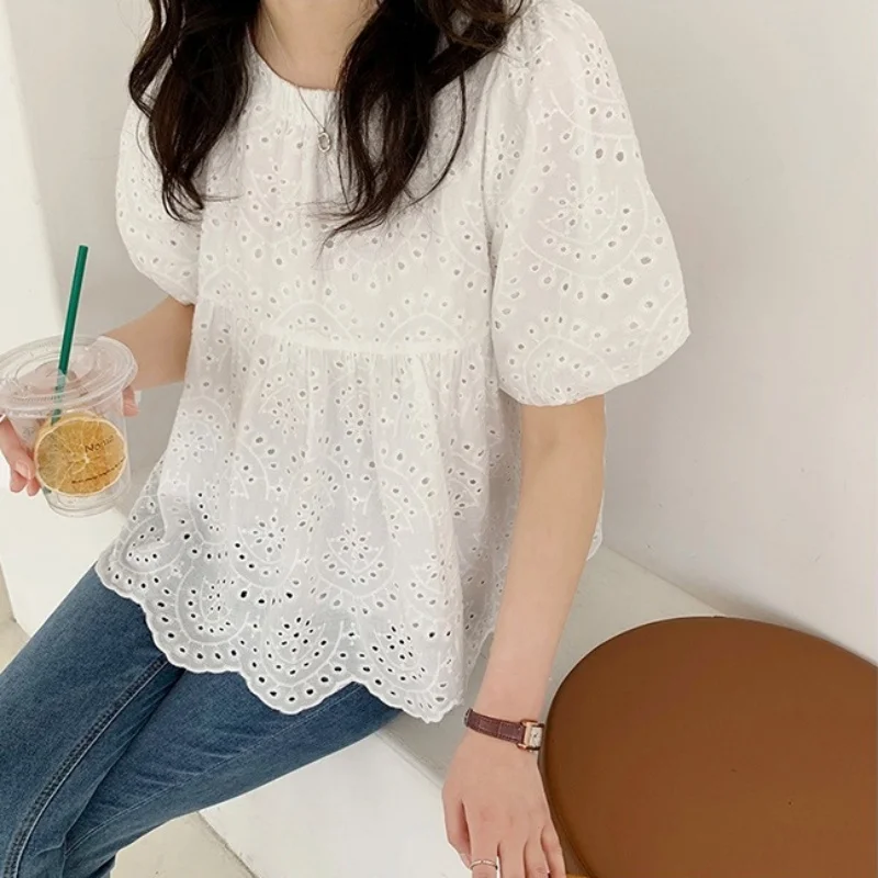 Fashion Summer Hollow Out White Short Sleeve Women Blouses Embroidery Casual Loose Shirts Puff Sleeve Tops