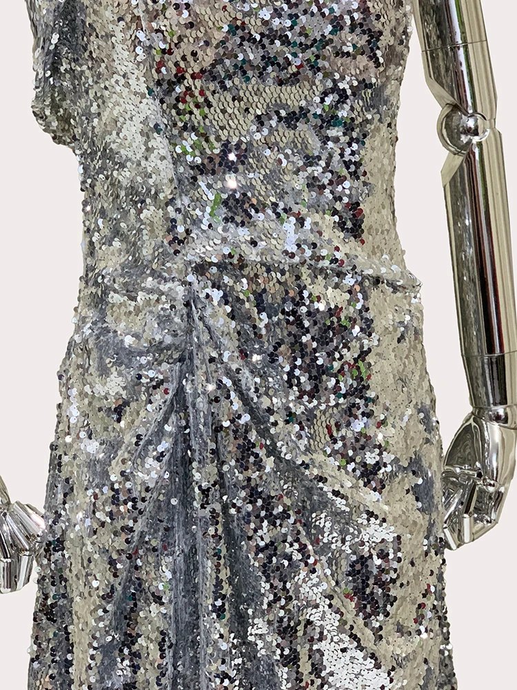 Lautaro Autumn Long Elegant Shiny Sleeveless Evening Party Wedding Maxi Dresses for Women Sequins Luxury Designer Clothes 2024