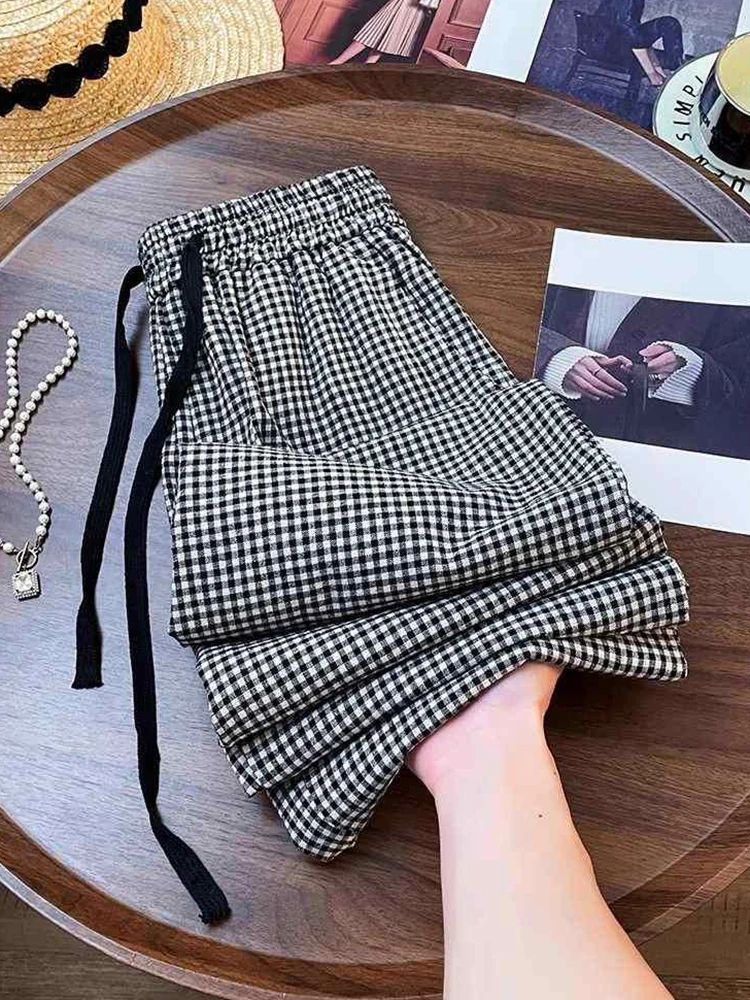

Повседневные милые клетчатые брюки, женские свободные винтажные корейские широкие брюки с высокой талией, летние простые женские универсальные брюки в стиле ретро