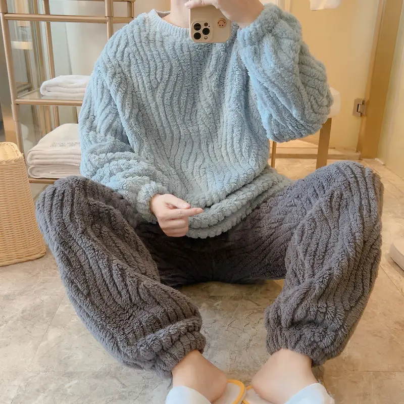 Pajamas for Men Fleece Winter Sleepwear Korean Sleeping Night Wear O-neck Pijama 2 Pcs Pants Sets Warm Solid Home Suit 2024 New