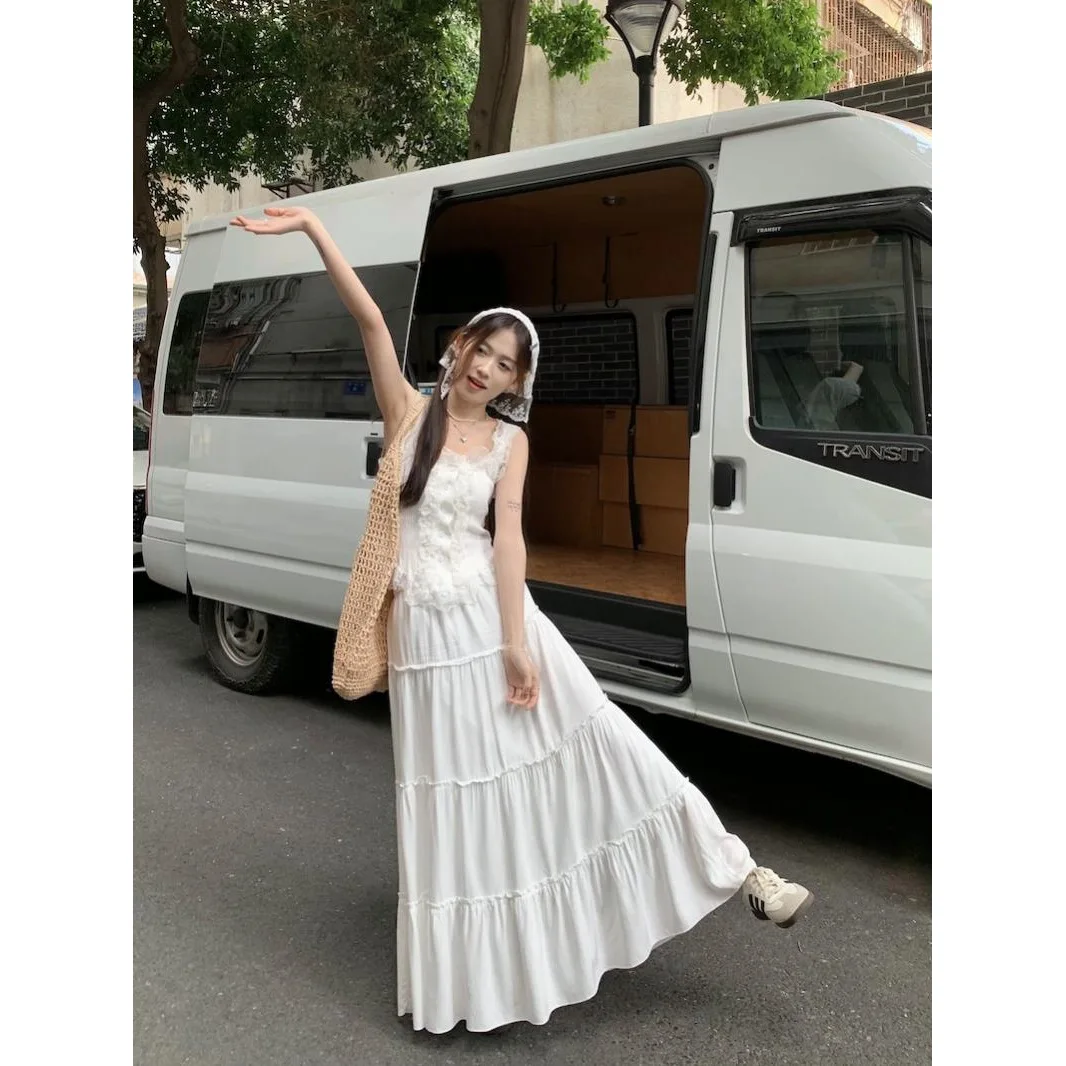 Gentle Wind Set Women's Summer Strap Top Long Skirt White Half Skirt Two Piece Set