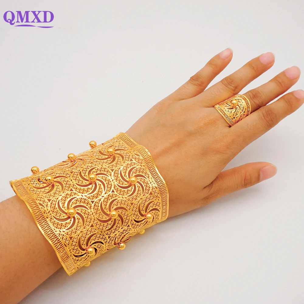 

Dubai Gold Color Bangle With Ring For Women Bead Cuff Bracelets Moroccan Bride Wedding Gift Female Nigerian Indian Bangles