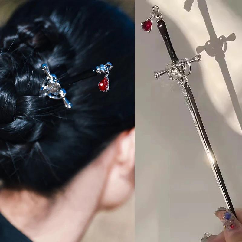 Palo de pelo de espada de estilo chino con colgante, palillos de cristal, horquillas, joyería para mujer, soporte para cola de caballo, accesorios para el cabello