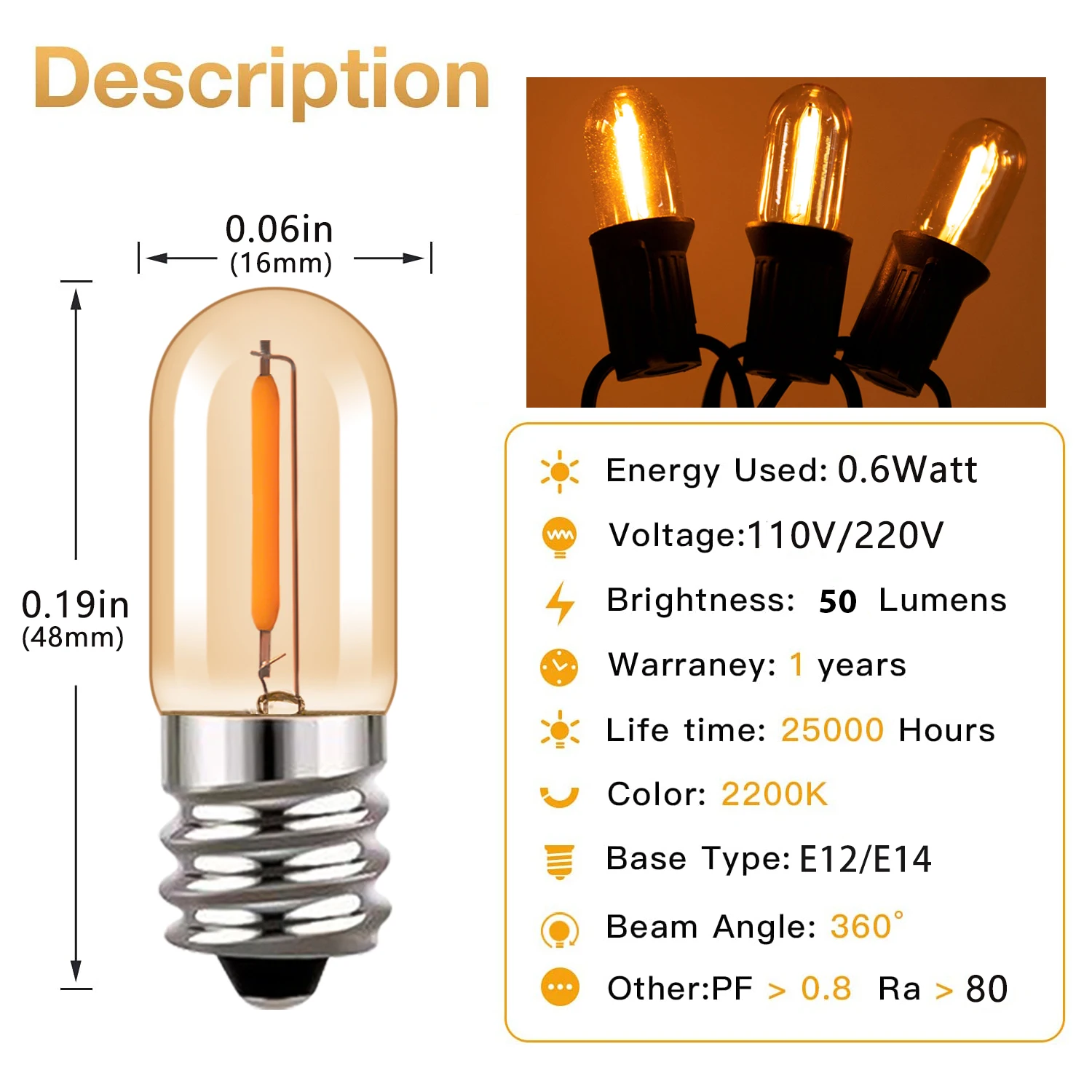 Vintage E12 Mini Night Lamp E14 LED Filament Light Bulb T16 0.6W  Refrigerator Light Replacement Tubular Chandelier Edison Bulbs