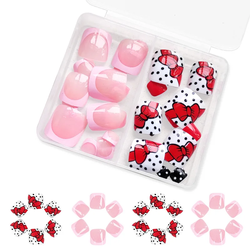 48pcs/set fake nails for toes French style pink white colors with black polka dots cute red bow for Spring summer press on nails